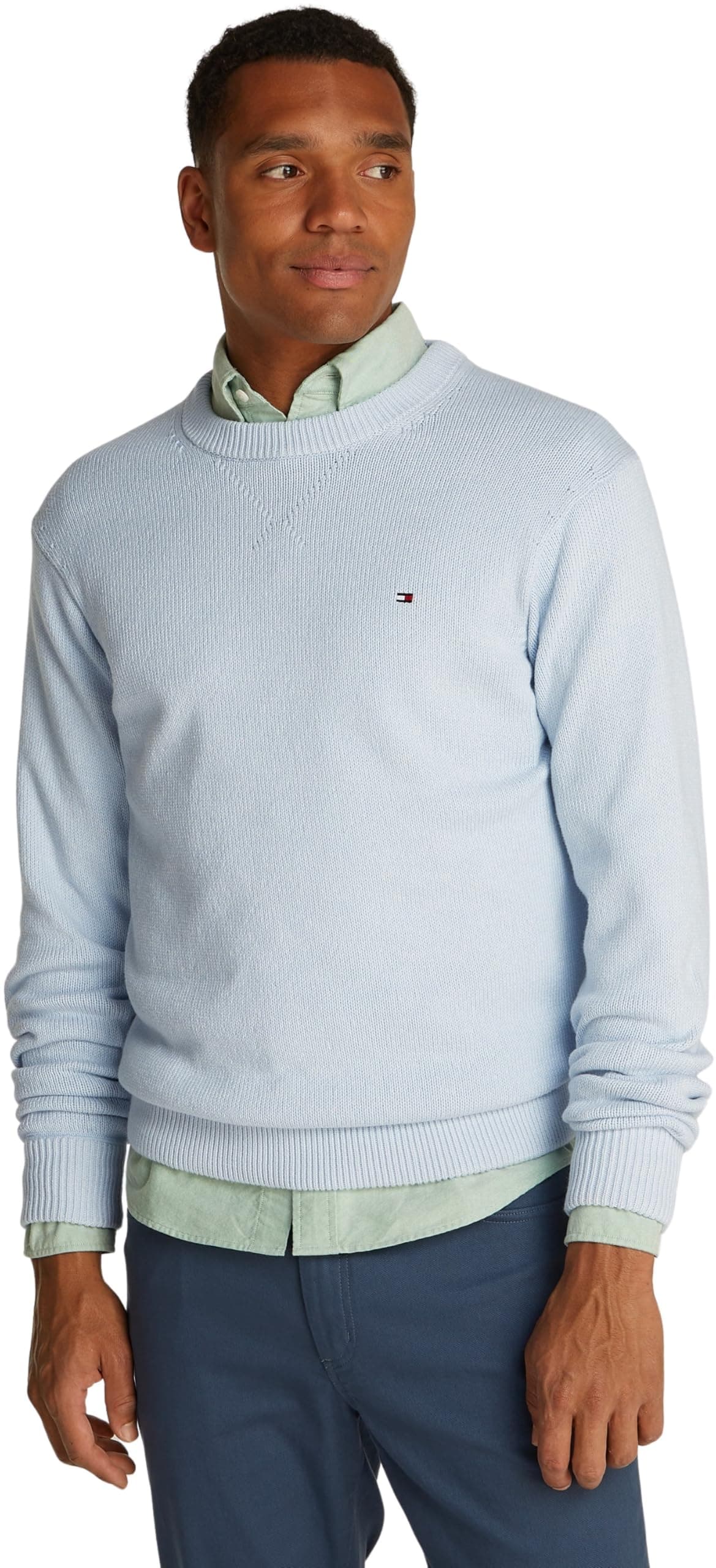 Tommy Hilfiger Herren Pullover Chunky Cotton Crew Neck Strickpullover 3XL Große Größen Blau (Breezy Blue Mouline) 🧥👕