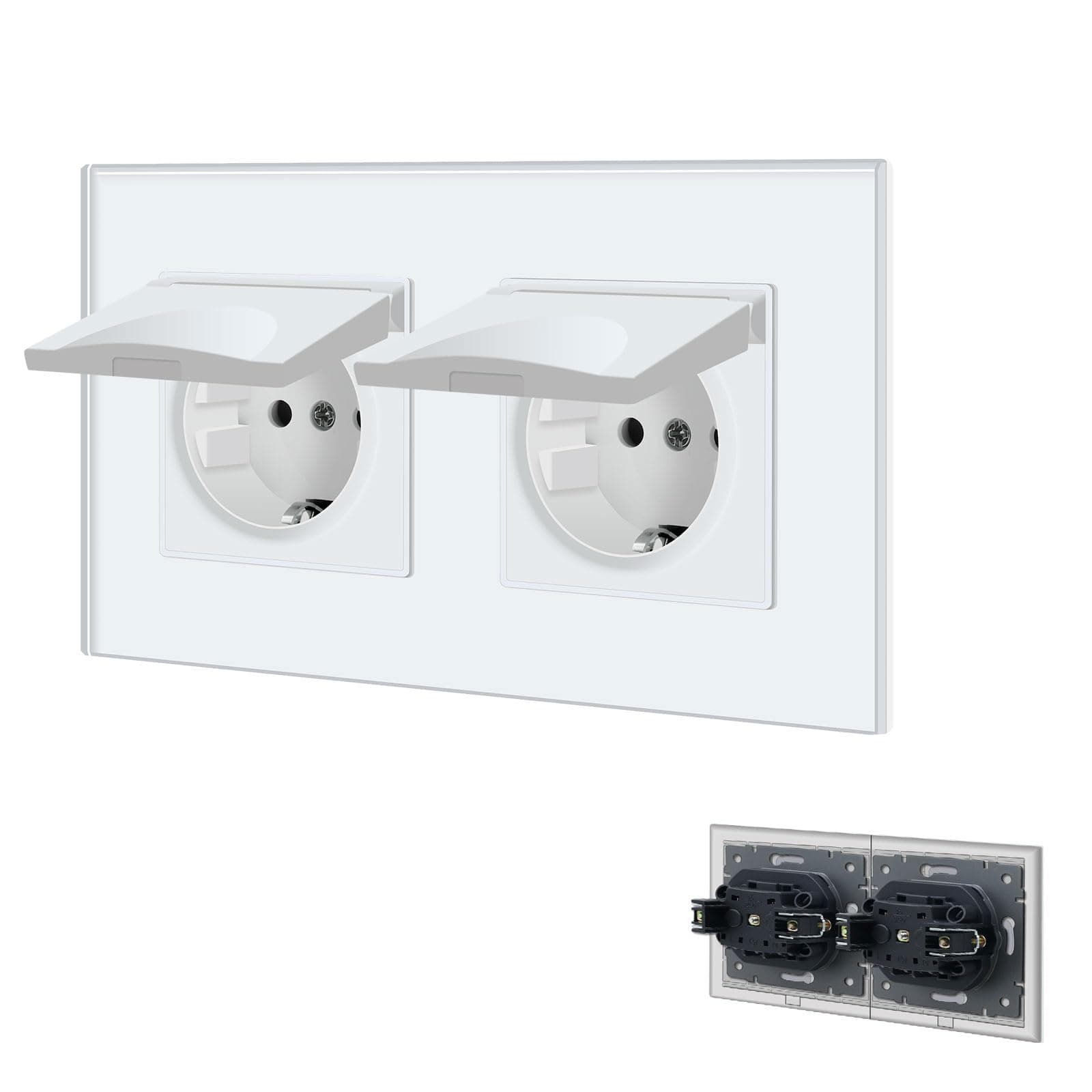 BSEED Steckdose 2 Fach mit Wasserdichter Abdeckung - Unterputz Steckdose mit Kristall Glas Platte 💡