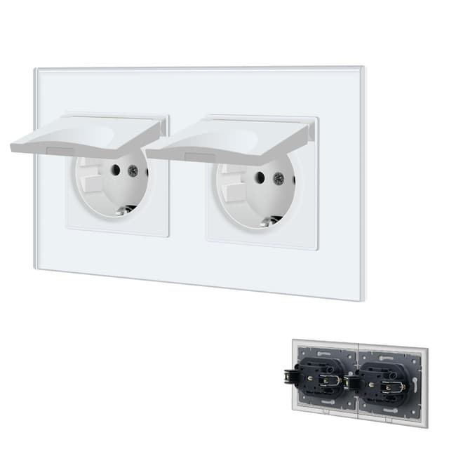 BSEED Steckdose 2 Fach mit Wasserdichter Abdeckung - Unterputz Steckdose mit Kristall Glas Platte 💡