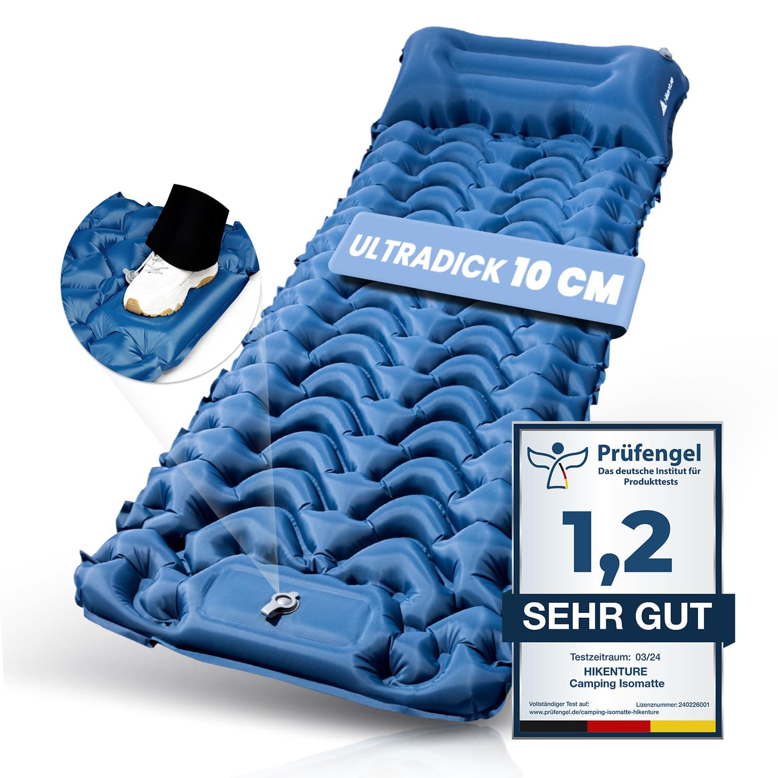 🏕️ HIKENTURE Isomatte Selbstaufblasend, 10cm hoch Camping Isomatte Kleines Packmaß 🏞️