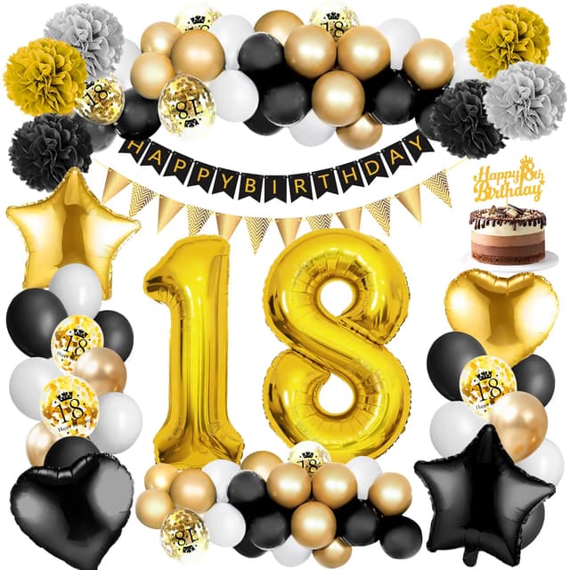 Amteker 18 Geburtstag Deko Set 🎈🎉 - 72-teilig - Schwarz, Weiß, Gold 🌟