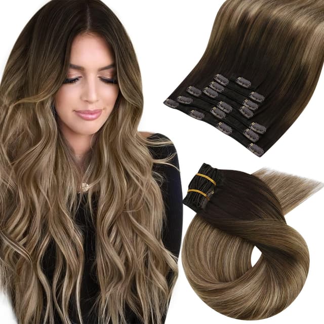 Moresoo Clip in Extensions Echthaar - Salon Qualität 60 cm 7 Stück 120g Extensions Clip in #4/10/16 Braun zu Goldbraun mit Goldblond 💇‍♀️