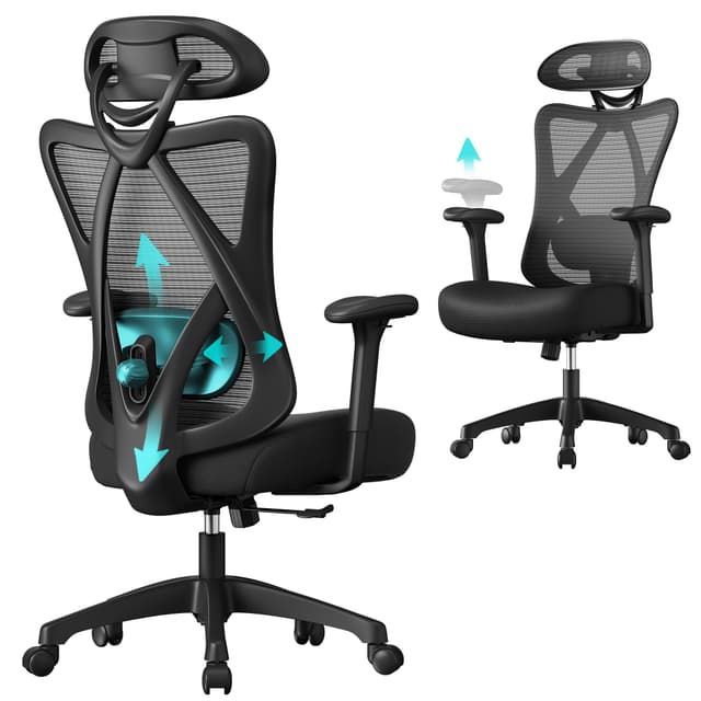 SONGMICS Ergonomischer Bürostuhl mit Lenden- und Kopfkissen | Belastbar bis 150 kg | Höhenverstellbar | Tintenschwarz OBN063B01 Schwarz