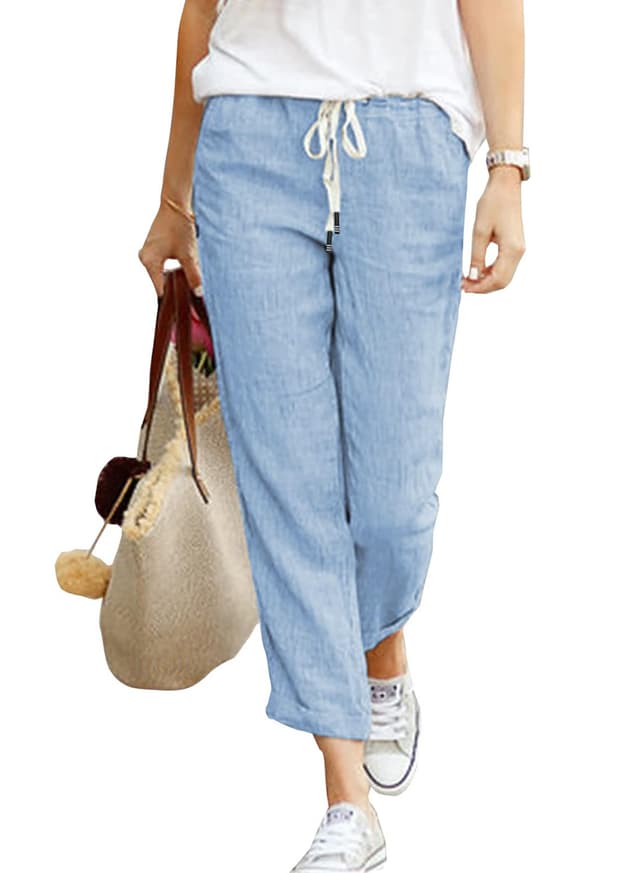 Damen Leinen Sommerhose 7/8 🌞 Luftige Freizeithose M Blau