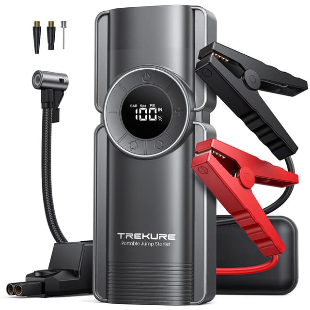 TREKURE Starthilfe Powerbank mit Kompressor, 150PSI 4000A Auto Starthilfe Powerbank für 8.5L Benzin und 8.0L Dieselmotor