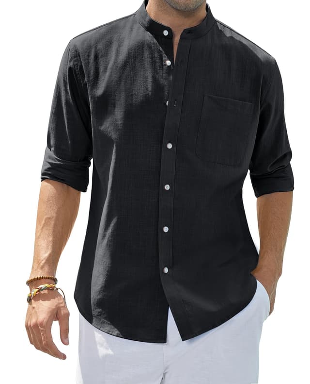 👔 Siliteelon Herren Hemd Leinenhemd Langarm Stehkragen Leinenshirt Hemden Herren Freizeithemd Casual Regular Fit Sommer Standhemd XXL Schwarz