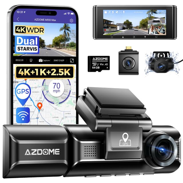 AZDOME 4K Dashcam Auto 4K+ 1080P+ 2.5K vorne hinten innen mit Dual STARVIS, 64GB SD Karte, WiFi, GPS, Super Nachtsicht, Parküberwachung, Loop-Aufnahm, WDR, G Sensor, 3.19” Hitzebeständig, M550 MAX