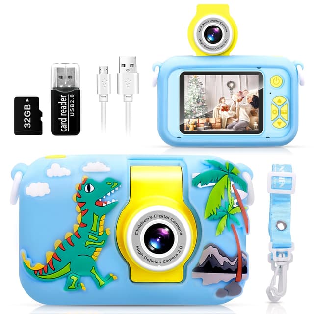 ARNSSIEN Kinderkamera für 3 4 5 6 7 8 9 10 11 12 Jahre alte Mädchen/Jungen, Kinder Kamera mit 180°Flip-Objektiv&2.4in IPS-Bildschirm, Geburtstagsfest-Geschenk-Spielzeug für Mädchen/Jungen,32 GB,X101 Blau-Dinosaurier