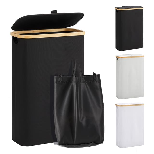 🧺 YOUDENOVA Wäschekorb mit Deckel 48L Wäschesammler schmal mit Wäschesack faltbarer Wäschesortierer Holz Bambus Wäschetruhe hoch Laundry Baskets, Schwarz 48L(Slim) Schwarz 🌿