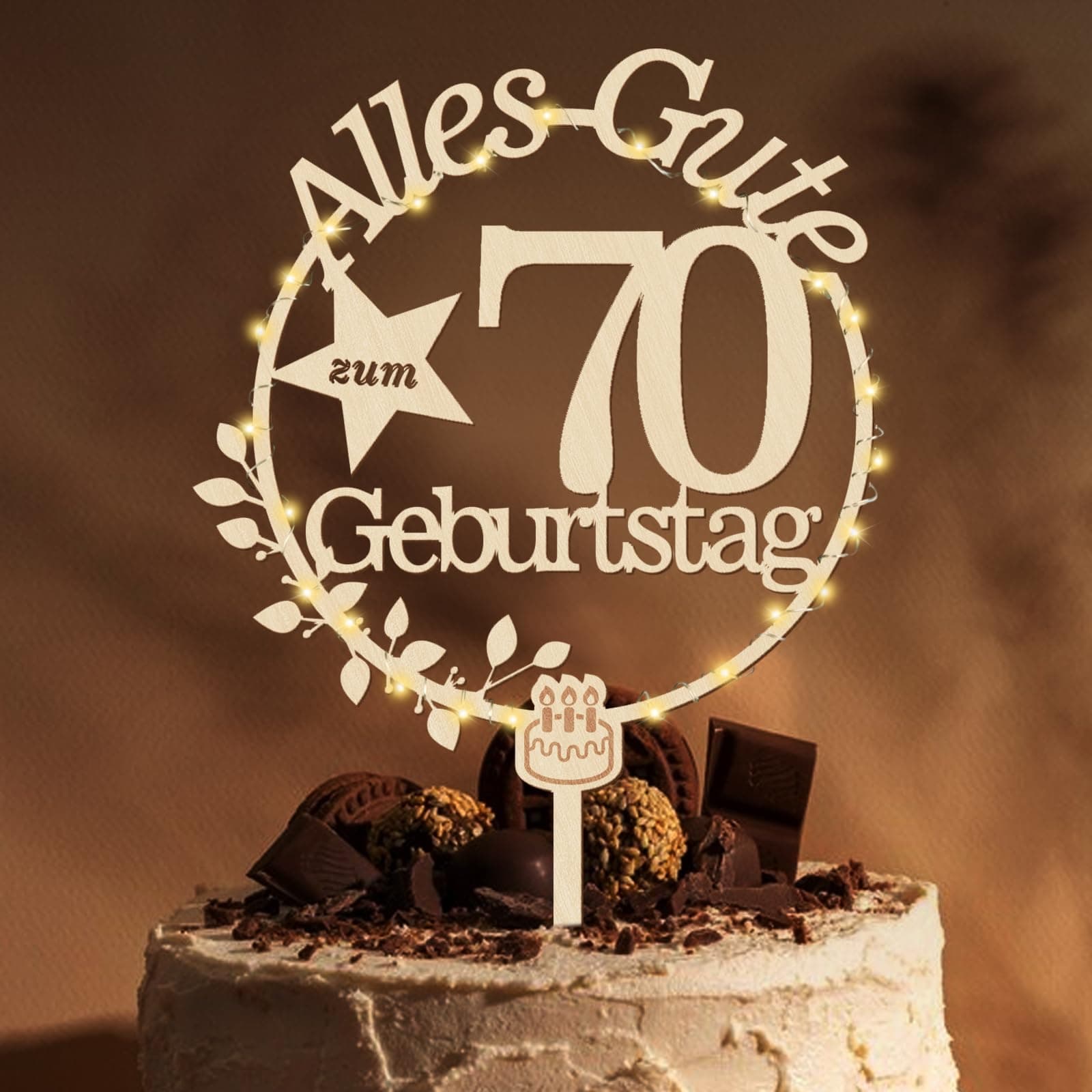 🎂 Giftota Cake Topper 70. Geburtstag Holz mit LED Lichterkette - 70. Geburtstag Deko Frauen Männer