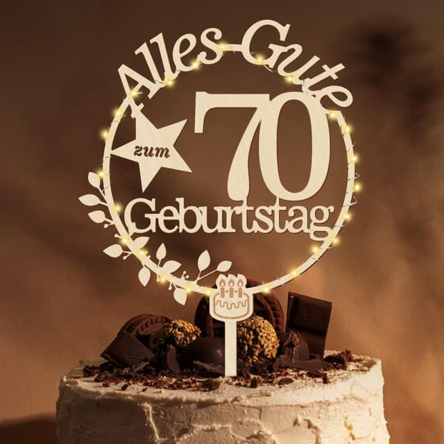 🎂 Giftota Cake Topper 70. Geburtstag Holz mit LED Lichterkette - 70. Geburtstag Deko Frauen Männer
