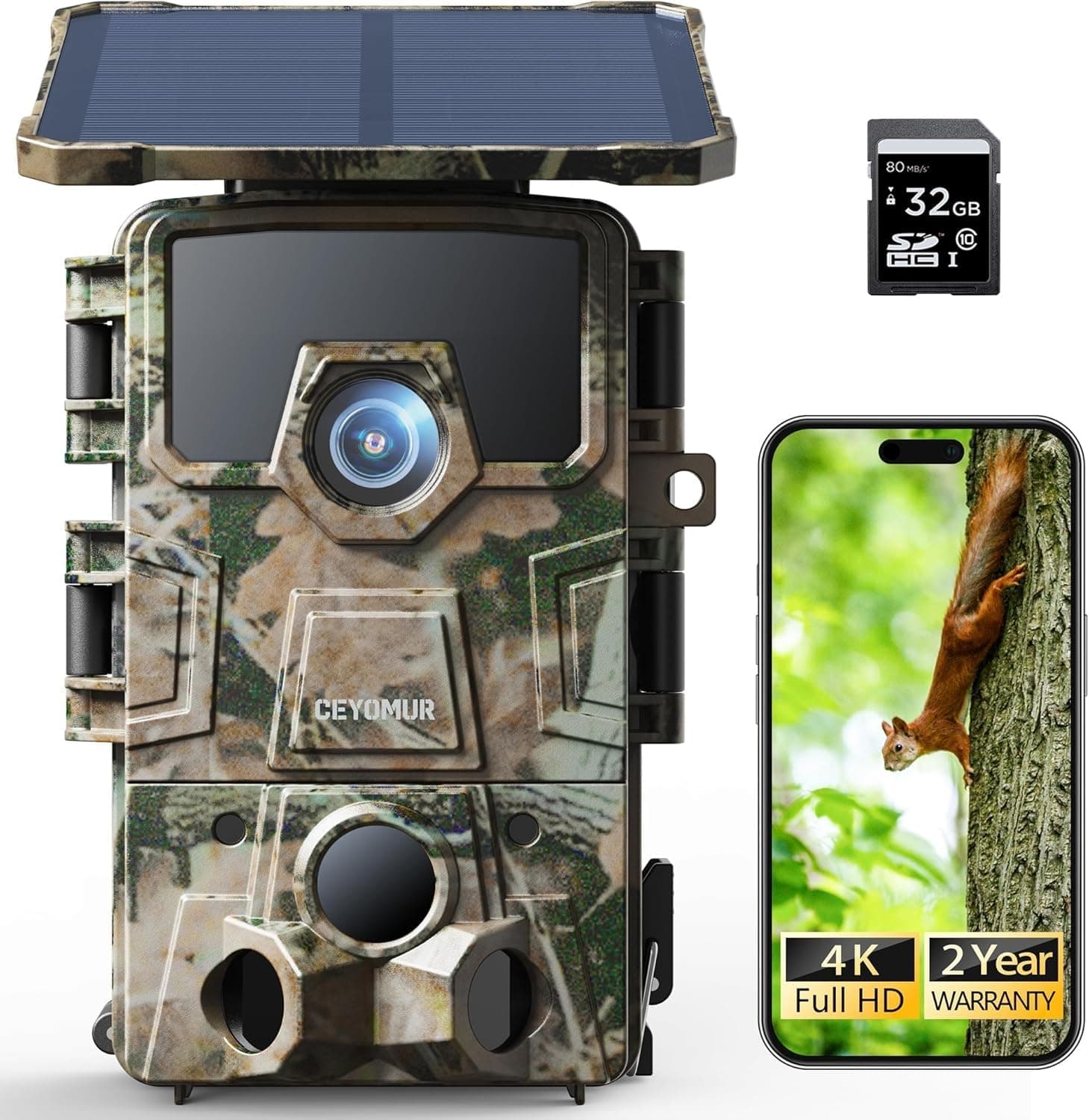 CEYOMUR Solar Wildkamera 4K 30fps, 60MP Wi-Fi 6 Wildkamera 📸