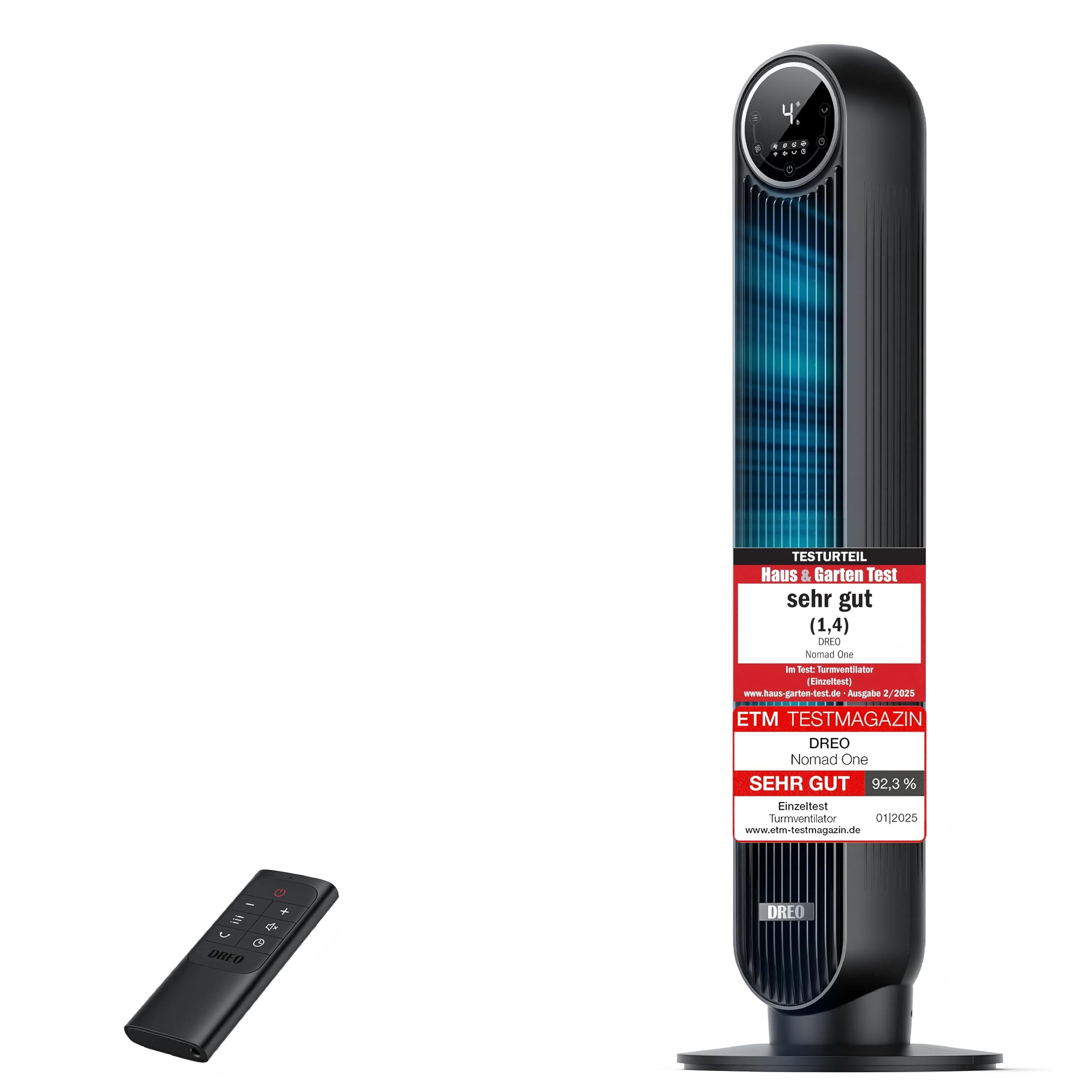 🌀🌬️ Dreo 20dB Leiser Turmventilator - 10m Wurfweite - 4 Geschwindigstufen - 4 Modi - Fernbedienung - Schwarz