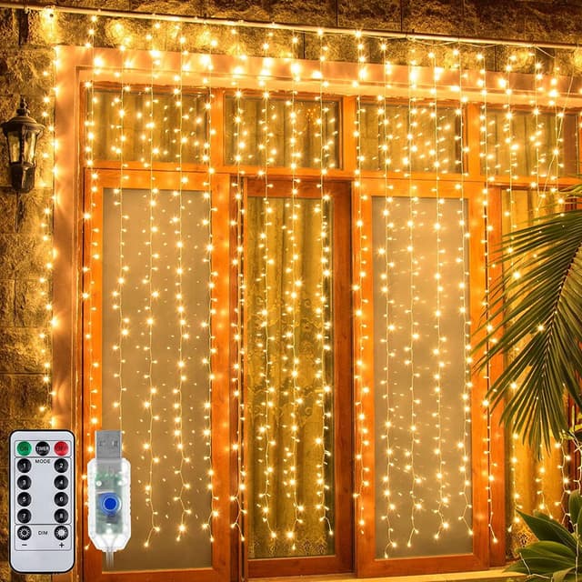 🌟 Ollny Lichtervorhang innen & außen, 3x3m 300 LED Lichterkette USB mit Fernbedienung Timer