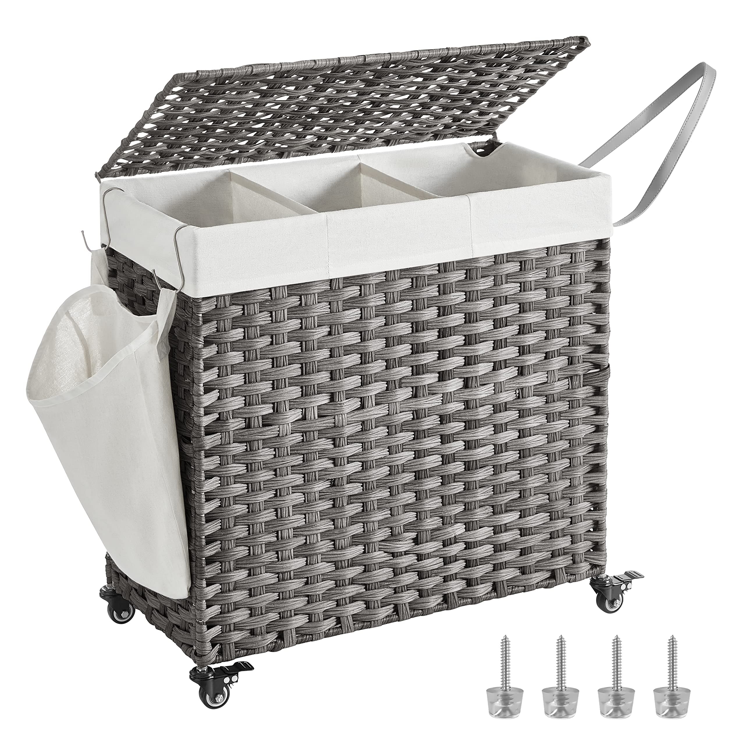 🧺 SONGMICS Wäschekorb mit Deckel, 140 L, Wäschesammler 3 Fächer 🧦👚👖, Wäschesortierer mit Rollen, grau LCB363G01 140L