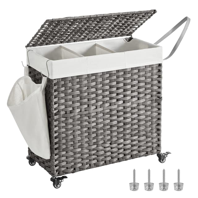 🧺 SONGMICS Wäschekorb mit Deckel, 140 L, Wäschesammler 3 Fächer 🧦👚👖, Wäschesortierer mit Rollen, grau LCB363G01 140L