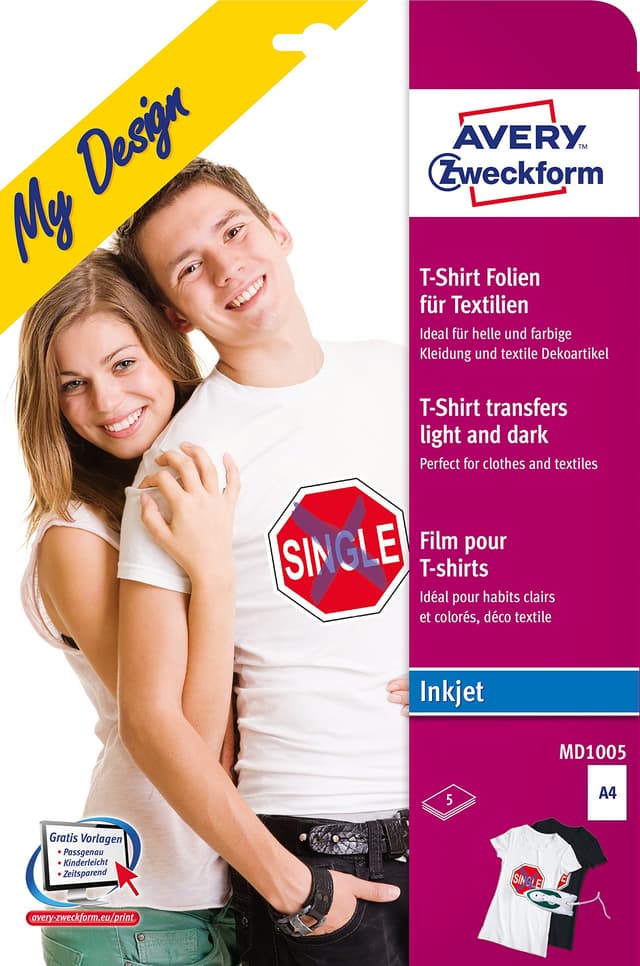 👕 AVERY Zweckform MD1005 5 Textilfolien - T-Shirt selbst gestalten - T-Shirt bedrucken - Top Deal! 👚