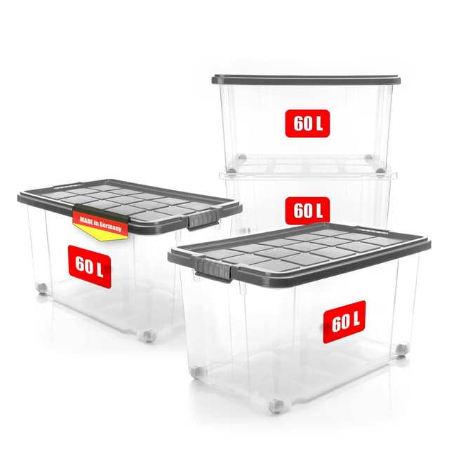 📦 BigDean 4 Stück 60 L Aufbewahrungsbox mit Deckel groß stahlgrau - Stapelbare robuste Box BPA-frei 🇩🇪