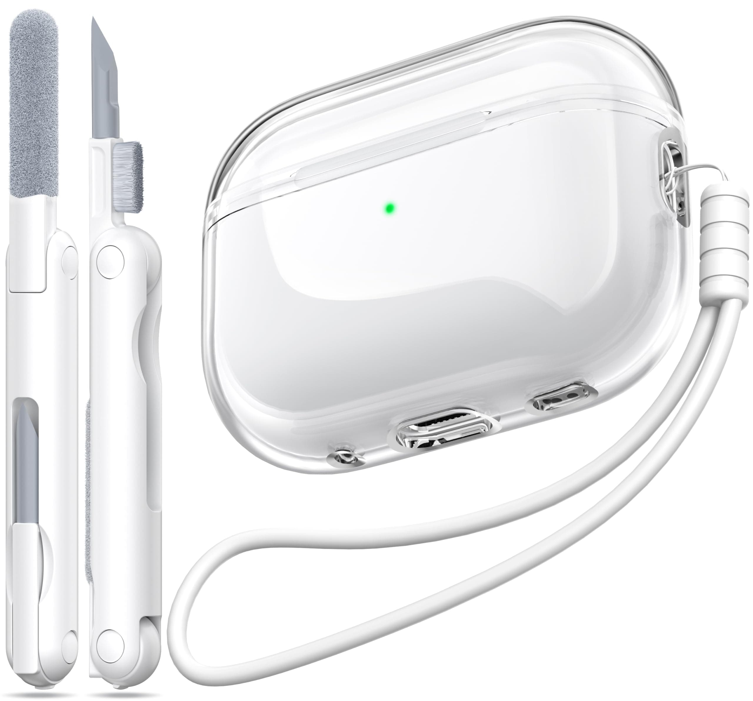 🔥 MHYALUDO Kompatibel mit Airpods Pro Hülle 2/1 Generation, Transparente Weiche Hülle mit Lanyard und Reinigungsstift, Weiß 1-Klar Weiß 🔥