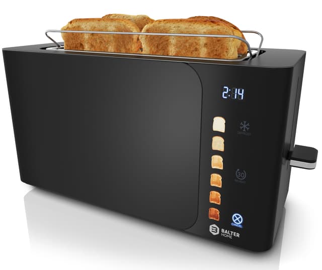 🍞🔥 Deal: Balter Toaster 4 Scheiben, Touch Bedienung, Langschlitz, Edelstahl, Brötchenaufsatz, LCD Display Langschlitztoaster, Auftaufunktion, Brotzentrierung, TS-44 Schwarz matt Schwarz Touch S