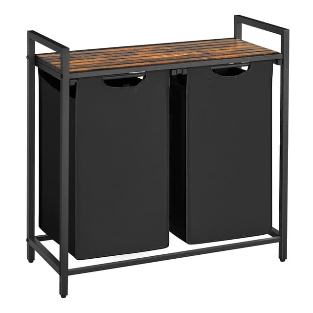 VASAGLE Wäschekorb 2 Fächer, Wäschesammler mit Ablage, 92L, vintagebraun-schwarz BLH201B01