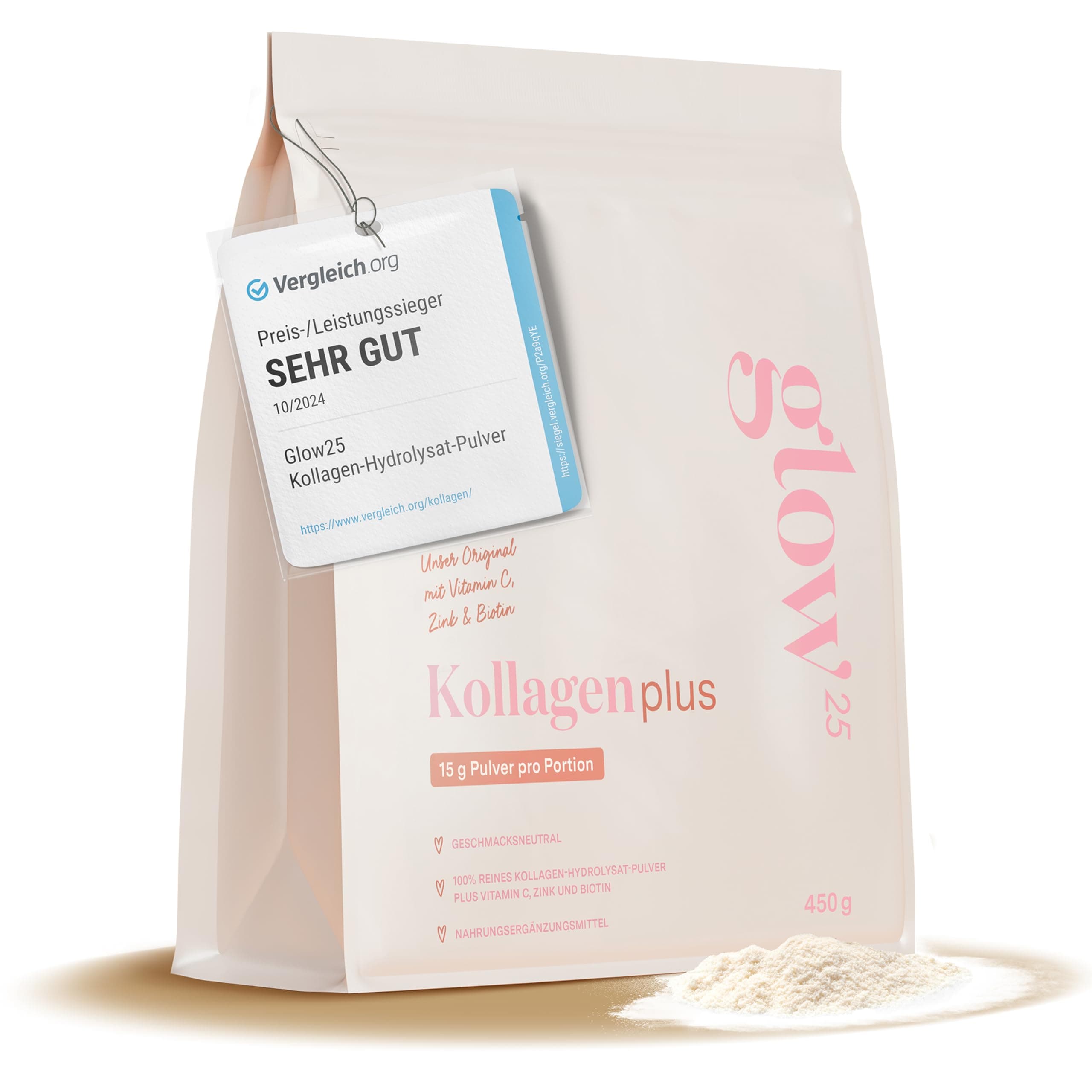Glow25® Collagen Plus [450g] - Kollagen Hydrolysat mit Vitamin C, Zink und Biotin ⭐️