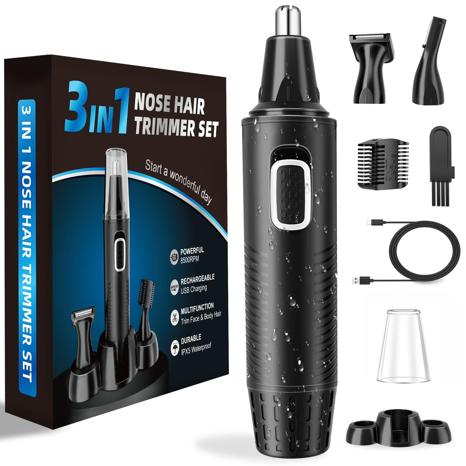 🌟 3-in-1 Nasenhaartrimmer Set 🌟 USB Wiederaufladbar 🌟 Schwarz