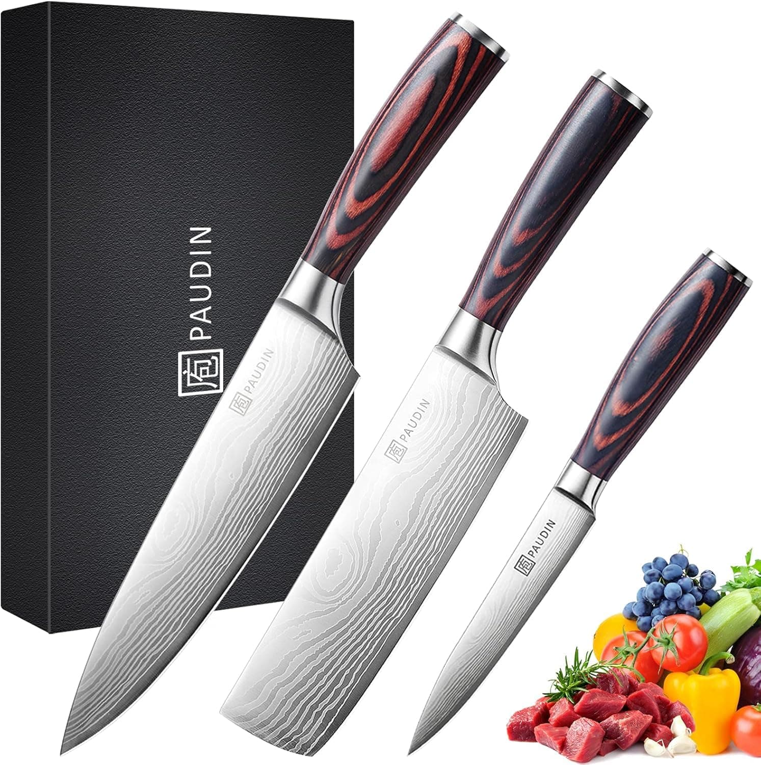 🔪🍳 PAUDIN Messerset 3-tlg aus Carbon Edelstahl mit Pakkaholz Griff