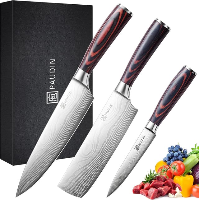 🔪🍳 PAUDIN Messerset 3-tlg aus Carbon Edelstahl mit Pakkaholz Griff