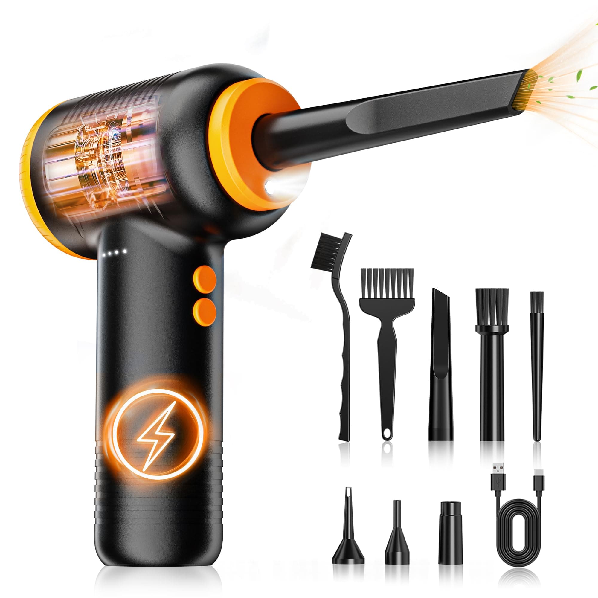 FLOWood Elektrischer Staubbläser, 120000 U/min, wiederaufladbar über USB, Computer-Reinigungsset, Schwarz und Orange CN01 Orange 🧹🔌