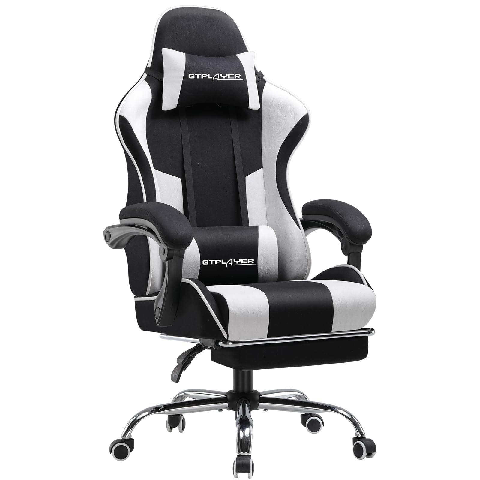 GTPLAYER Bürostuhl Gaming Stuhl Massage Gaming Sessel Ergonomischer Gamer Stuhl mit Fußstütze, Kopfstütze Massage-Lendenkissen, Gepolstert Game Chair, Drehsessel Stoff Weiß