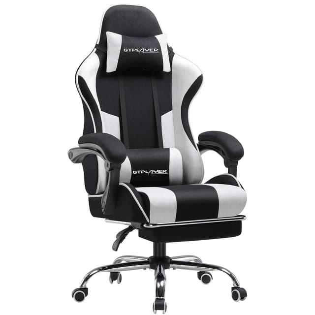 GTPLAYER Bürostuhl Gaming Stuhl Massage Gaming Sessel Ergonomischer Gamer Stuhl mit Fußstütze, Kopfstütze Massage-Lendenkissen, Gepolstert Game Chair, Drehsessel Stoff Weiß