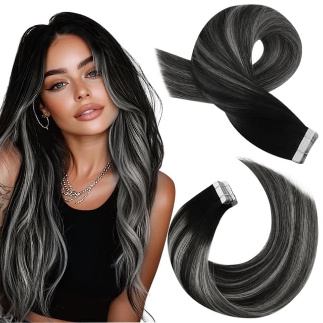 Moresoo Tape in Extensions Schwarz Ombre Silber Remy Echthaar 🌟 Tape Balayage Schwarz bis Silber 🌸 Unsichtbar Skin Weft Haarverlängerung