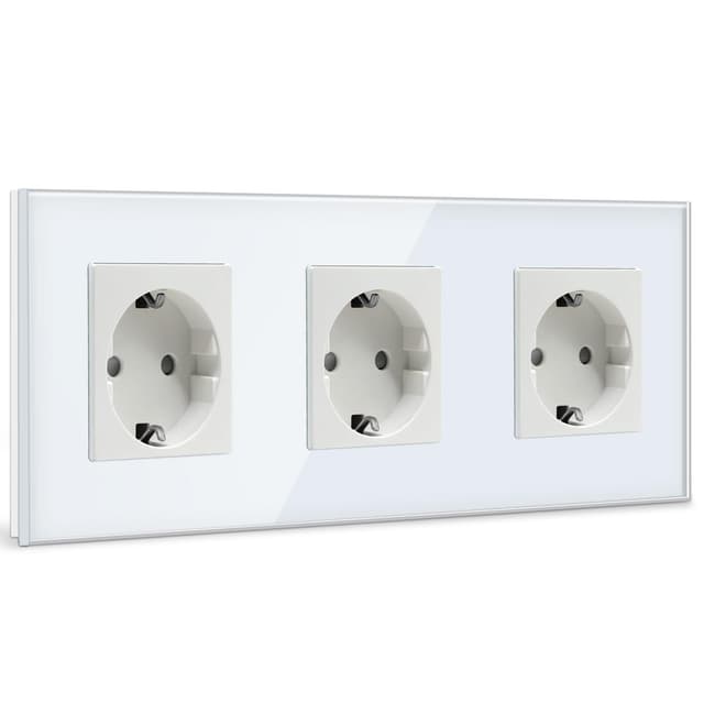 BSEED Schuko Steckdose 3 Fach Kristall Glas Platte Steckdose Glas Schuko Dreifach Steckdose 16Amp Steckdose Weiß Verlängerungssteckdosen Wandsteckdose-228mm Weiß 3 Fach