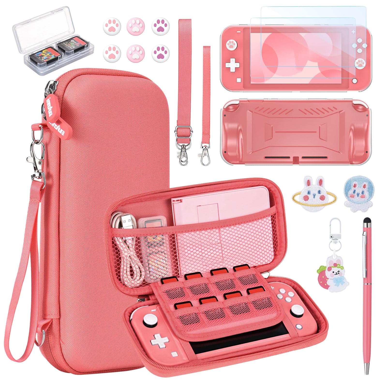 🎮👜 InnoAura Switch Lite Hülle 17 in 1 Zubehör Set (Koralle) - Switch Spiele Tasche, Schutzfolie, Ständer, Joystick Kappen