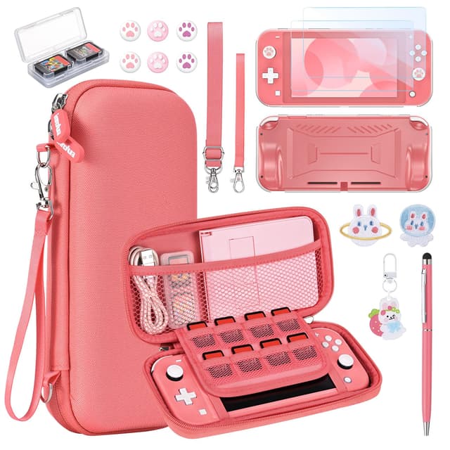 🎮👜 InnoAura Switch Lite Hülle 17 in 1 Zubehör Set (Koralle) - Switch Spiele Tasche, Schutzfolie, Ständer, Joystick Kappen