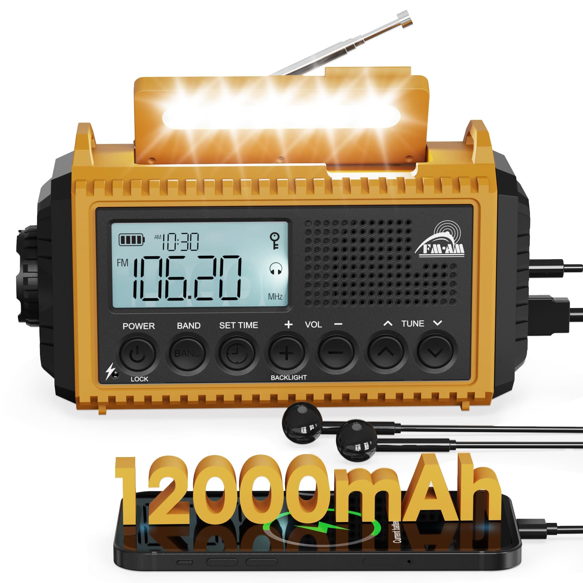 Roxicosly Kurbelradio Notfallradio mit 12000-mAh Power Bank Gelb 12000mAh 🌟📻