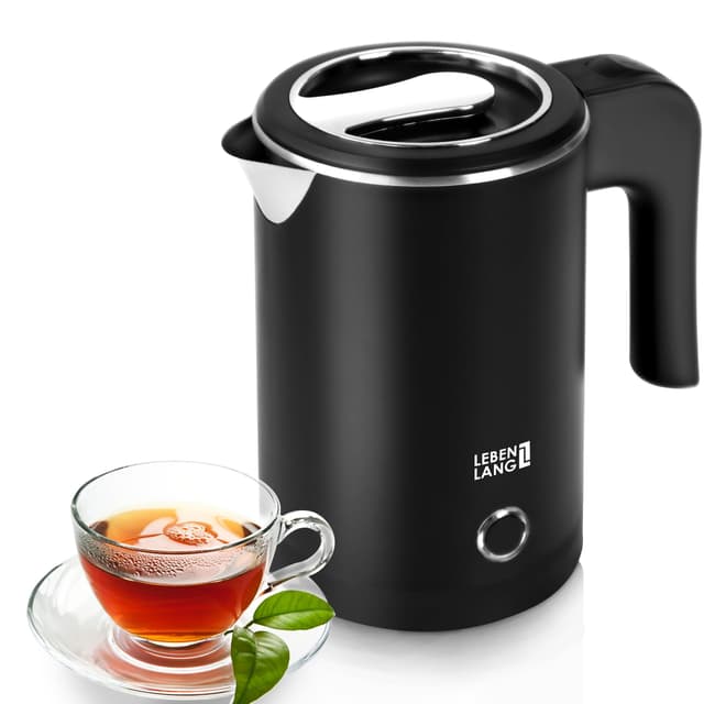 LEBENLANG Reise Wasserkocher Edelstahl Klein 0,5 Liter & BPA-Frei - Reisewasserkocher 600W Energiesparend Energieeffizienz - Mini Camping Kettle Schwarz 0,5 l, LBL2319