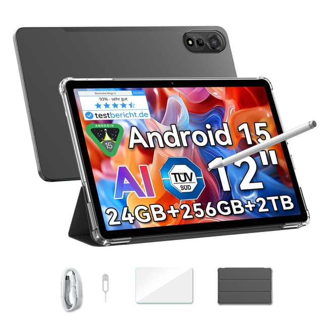 Blackview Mega2 Android 15 Tablet 12 Zoll 🚀 24GB RAM+256GB ROM, 2K FHD Großes Display Gaming Tablet