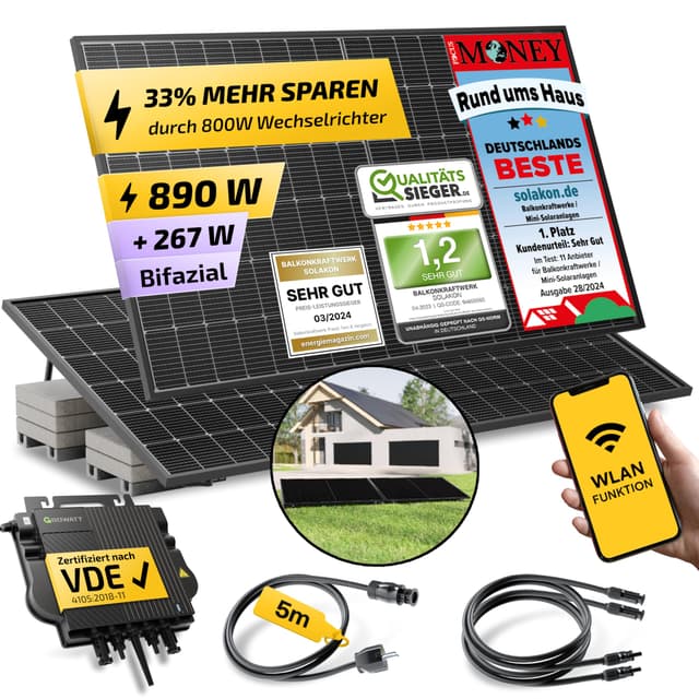 Solakon 900W Balkonkraftwerk mit Halterung (Flachdach) - Balkonkraftwerk 800W komplett Steckdose