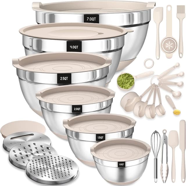 Terlulu Rührschüssel 6er Set mit Luftdichtem Deckel & Silikonboden - Khaki 🥗🎁