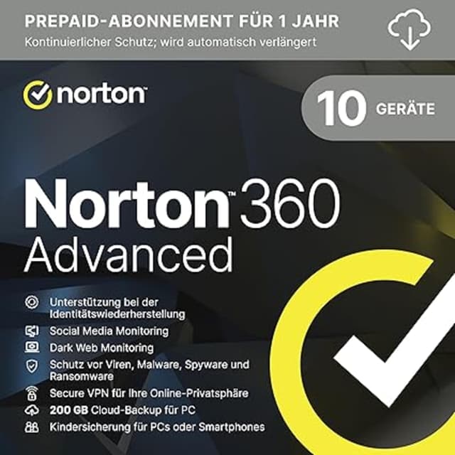 🔒 Norton 360 Advanced 2025 | 10 Geräte | 1 Jahr | Aktivierungscode per Email