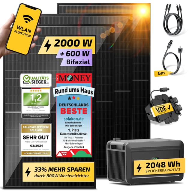 🌞 Solakon® Balkonkraftwerk 2000W mit Speicher - Solaranlage Komplettset 🌞