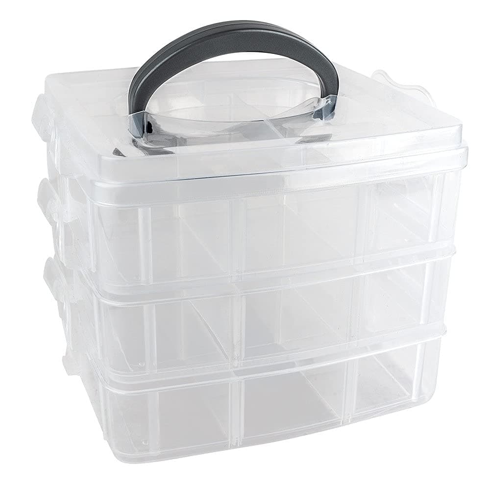 🎁 Ideen mit Herz Aufbewahrungsbox mit Deckel & Tragegriff - 18 Fächer - Transparent - 16,5 x 15,5 x 13 cm