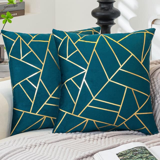 ViaElayu Kissenbezug Türkis mit goldenem geometrischem Deko | 2er Set 45 x 45 cm