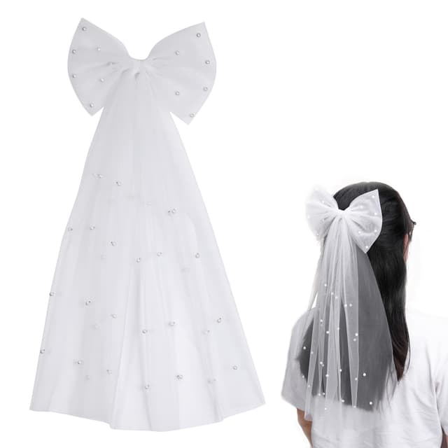 Faletony Braut Haarschleife Schleier Brautschleier JGA Schleier Weiße Perlen Brautschleier Hochzeit 🎀