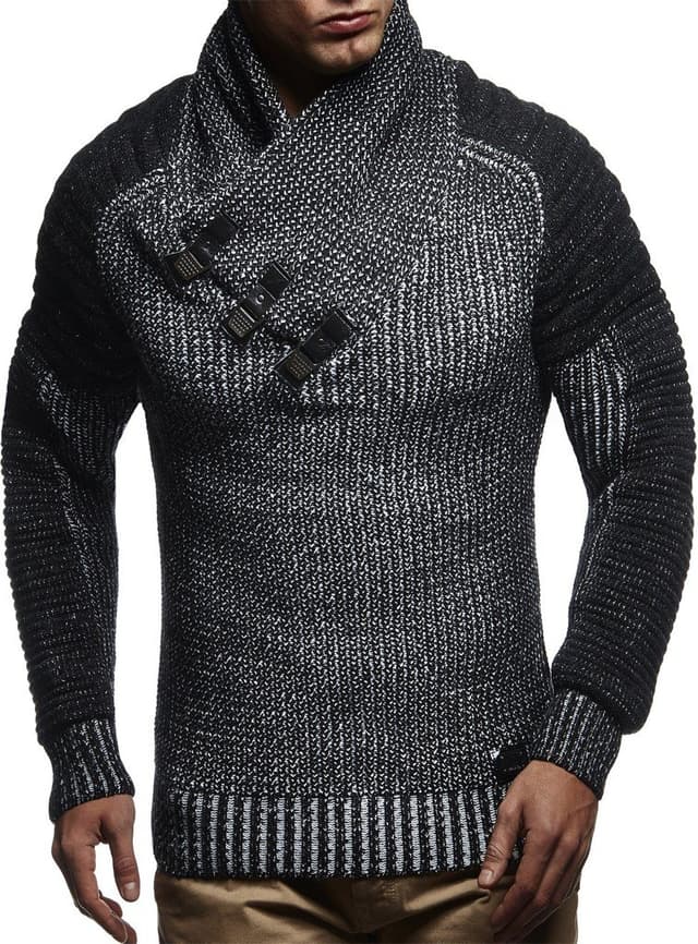 Leif Nelson Herren Strickpullover mit stylischem Kragen - XL Schwarz-ecru 🧥❄️
