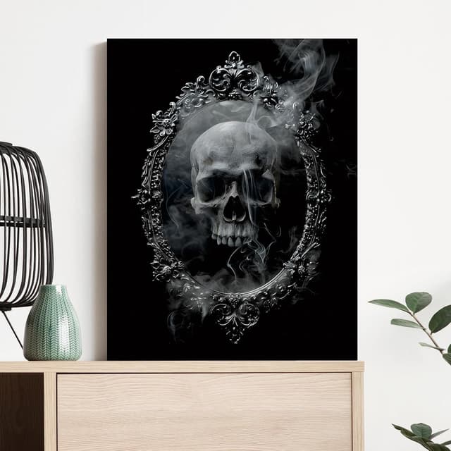 🖼️ JBER Gerahmte Wandkunst Gothic Halloween Leinwand mit modernem Vintage Spiegel Schädel Malerei Druck