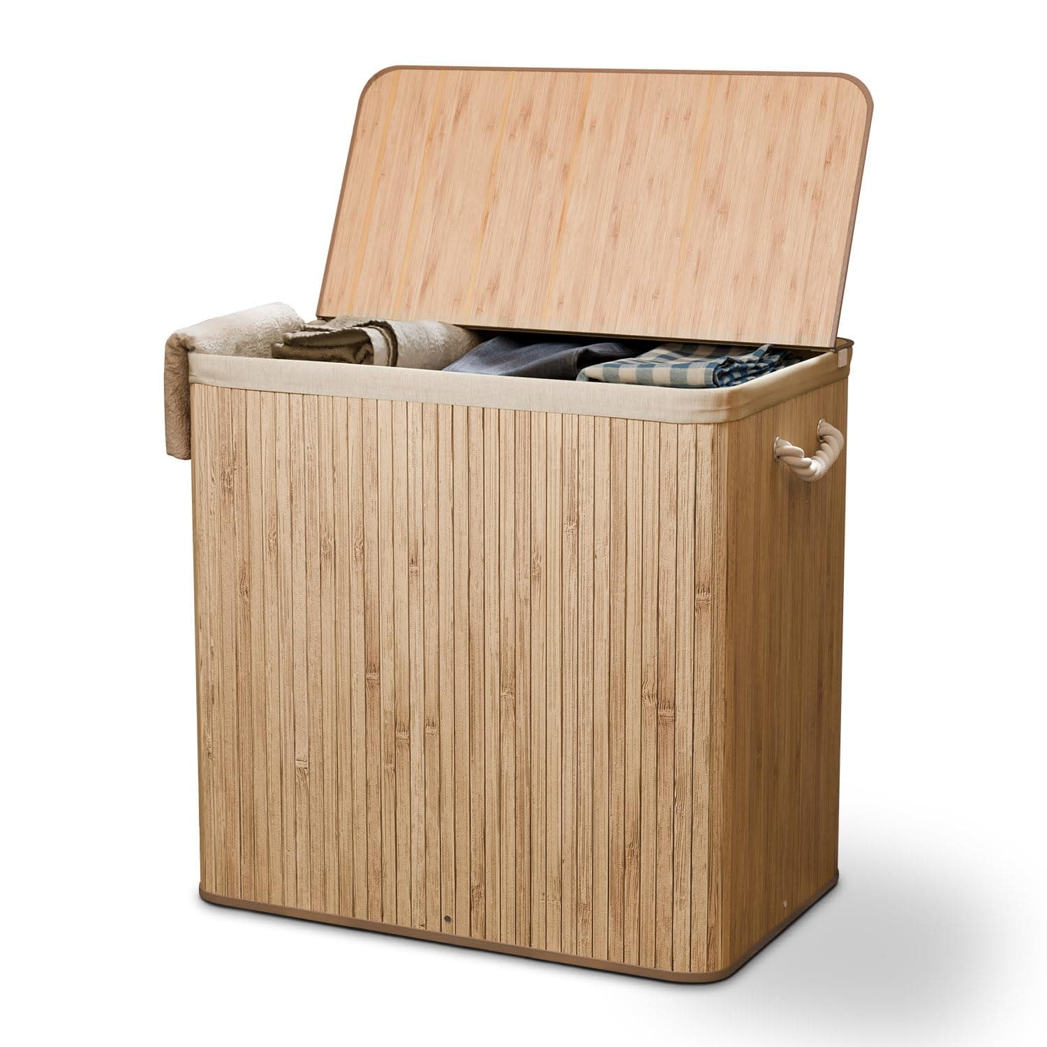 🌿 Juskys Bambus Wäschekorb Curly Natur 150L 🧺 - Hygienischer Wäschekorb mit Deckel, Tragegriff & Wäschesack - 3 Fächer - Natürliche Bambus Optik