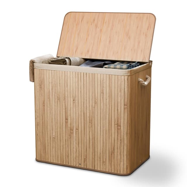 🌿 Juskys Bambus Wäschekorb Curly Natur 150L 🧺 - Hygienischer Wäschekorb mit Deckel, Tragegriff & Wäschesack - 3 Fächer - Natürliche Bambus Optik